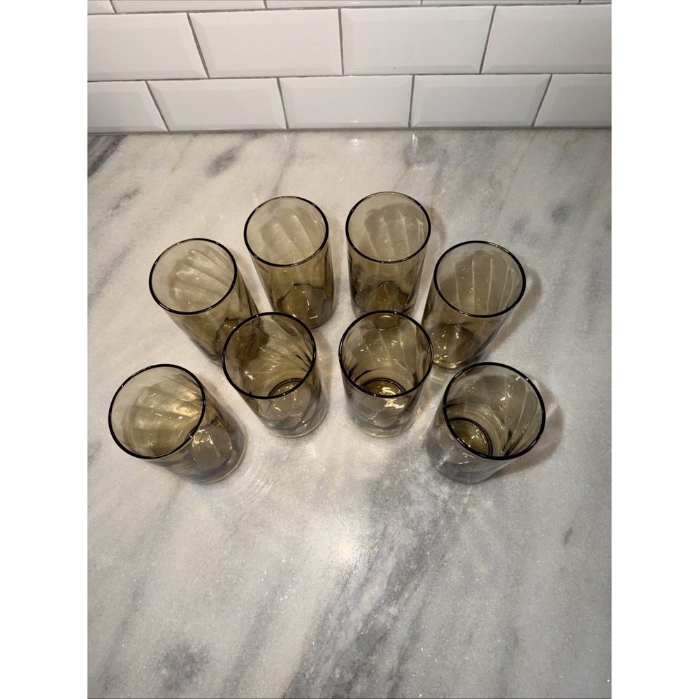 Libbey Swirl Optic Tawny Brown Tumbler Set Of 8 Vintage 5 1/2" 14Oz GlassesGW004 - Picture 3 of 8
